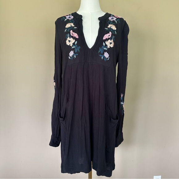 Free People Embroidered Floral Long Sleeve Dress Boho Women S Black Gauzy Mia - Picture 2 of 11